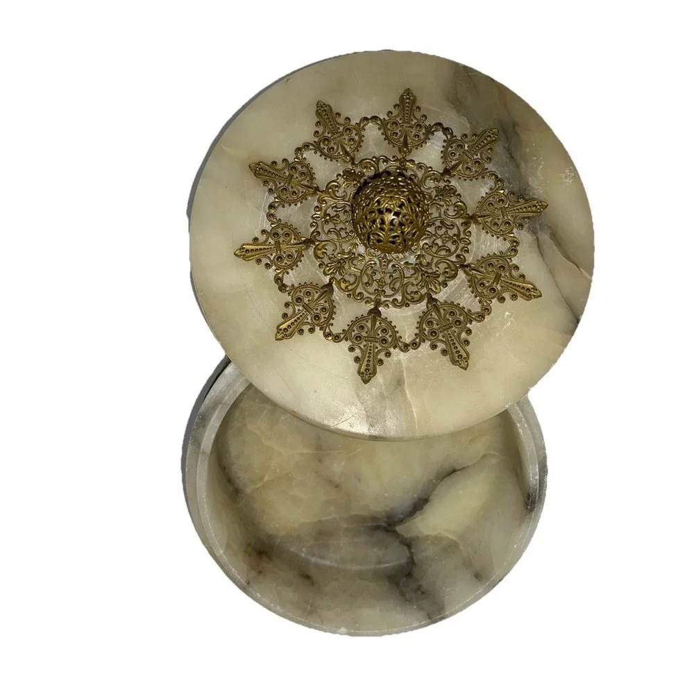 (6)VINTAGE GERMAN GILT FILIGREE ALABASTER MARBLE ART DECO NUDE POWDER BOX JAR